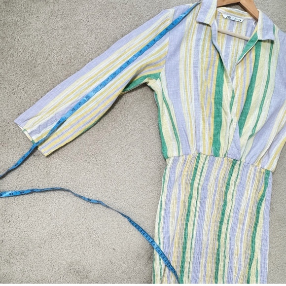 Zara Mini Dress Shirred Skirt Pastel Stripe Long Sleeve Cotton Mini Dress Large - Picture 12 of 15